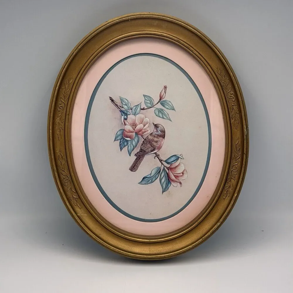 1983 HOMCO Kay Lamb Shannon Bird Magnolia Print Gold Oval Vintage Frame #3254